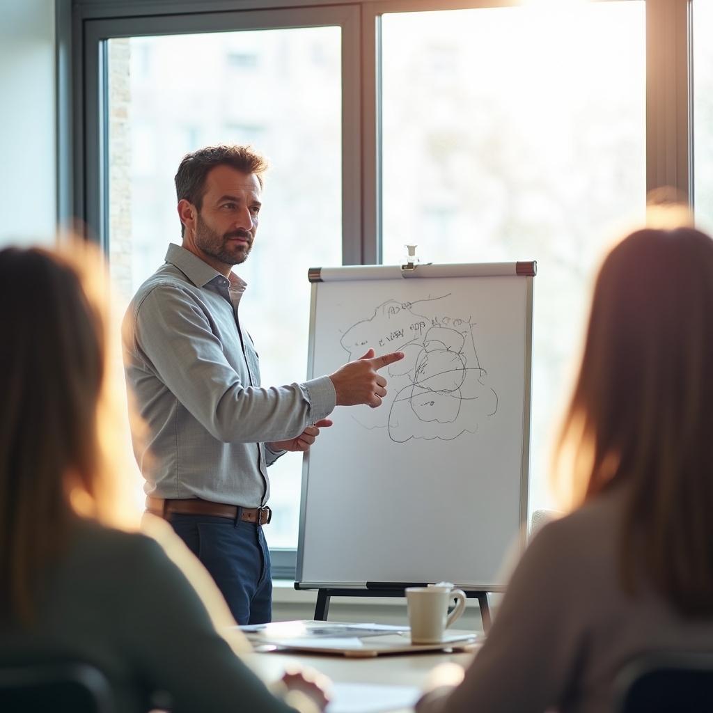 Moderator erklärt ein Konzept am Flipchart während eines Workshop-Moduls