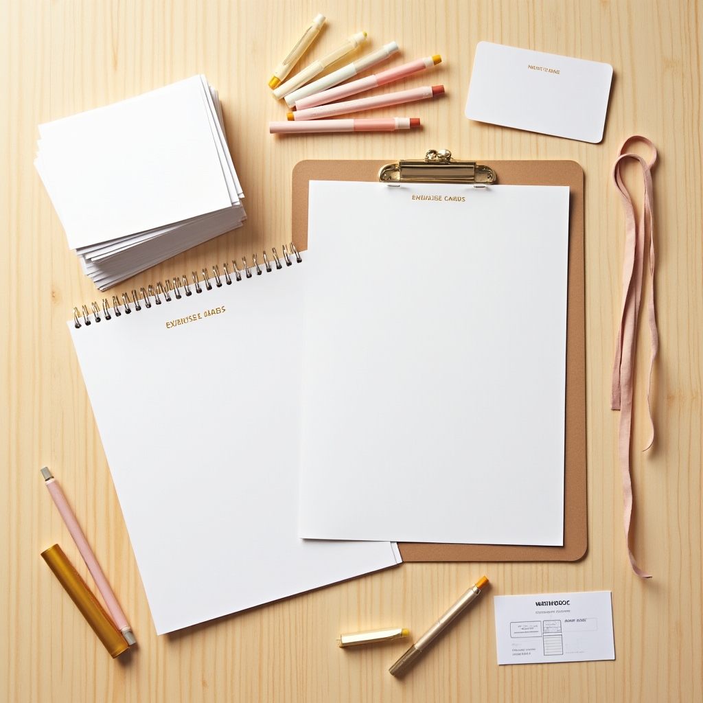 Flatlay von Workshop-Materialien: Karten, Stifte und ein Entscheidungsraster